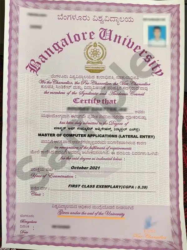 Bangalore University distance and online education sample degree certificate